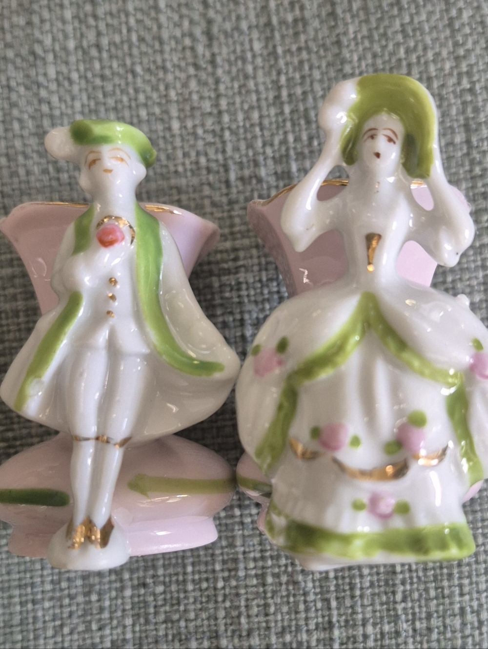Vintage Green and Pink Porcelain Figurine Pair Of Toothpick Holders